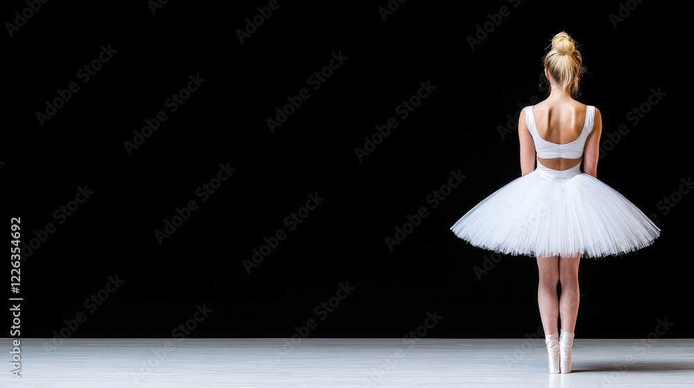 Fototapeta premium Ballerina in white tutu, poised on stage, black background. Perfect for dance, performance posters