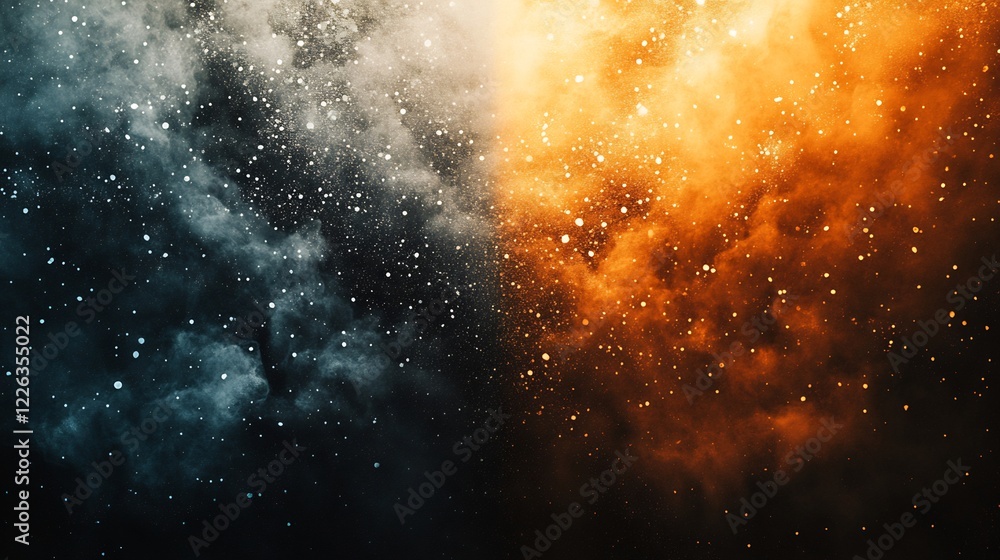 Fototapeta premium Fiery orange and cool blue nebula glow intensely contrasting cosmic clouds. AI Generated