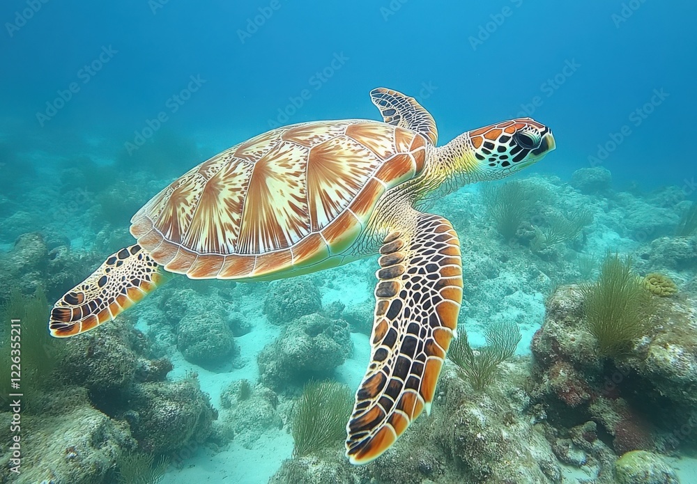 Obraz premium Majestic Sea Turtle Gliding Gracefully Through Clear Blue Waters Above Vibrant Coral Reef Surrounded by Colorful Marine Life in Serene Underwater Environment