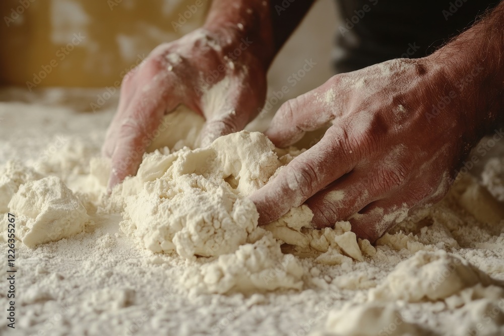 Fototapeta premium Hands Kneading Dough with Flour on a Wooden Surface in Kitchen