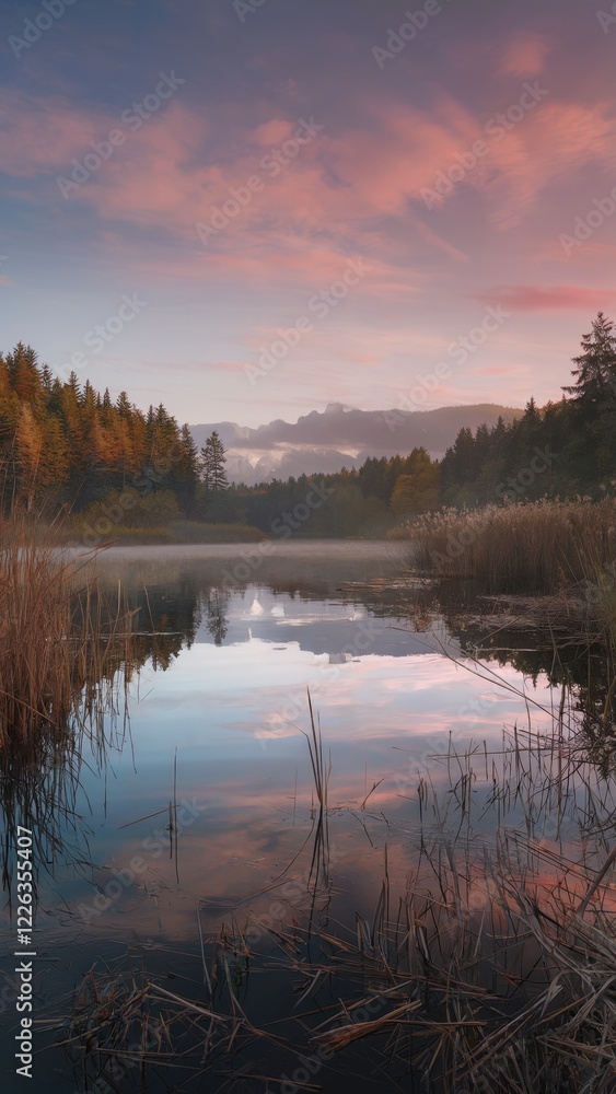 Fototapeta premium Serene sunrise over a tranquil lake reflecting the colorful sky and surrounding autumnal forest.