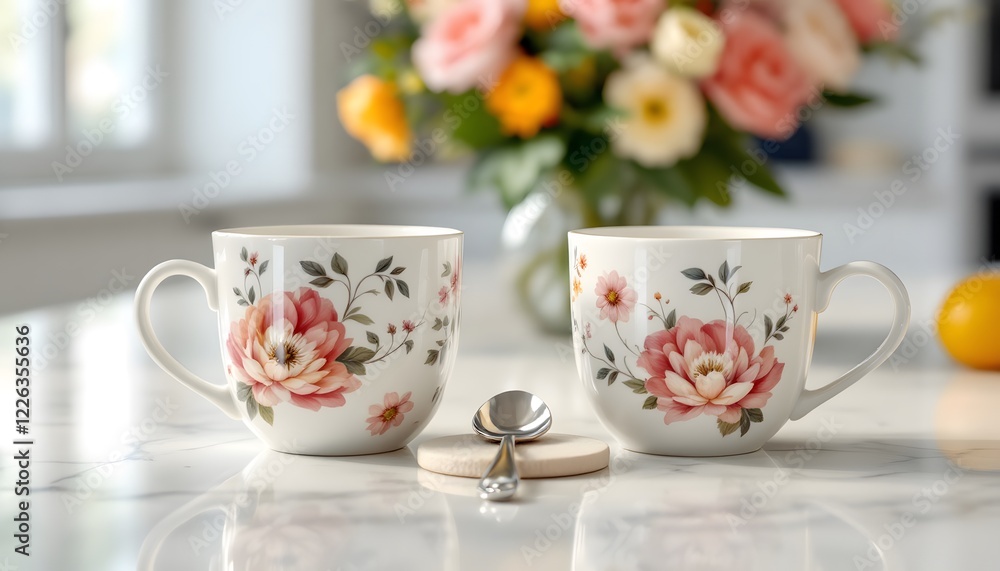 A pair of matching ceramic mugs placed side-by-side on a sleek marble counter. The mugs are painted with intricate floral designs, and their surfaces have a subtle sheen. Between the mugs... A pair of matching ceramic mugs placed side-by-side on a sleek marble counter. The mugs are painted with intricate floral designs, and their surfaces have a subtle sheen. Between the mugs...