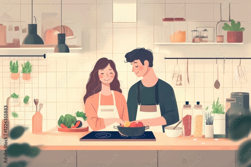 Cozy Kitchen Scene with Couple Preparing Fresh Ingredients Together Cozy Kitchen Scene with Couple Preparing Fresh Ingredients Together