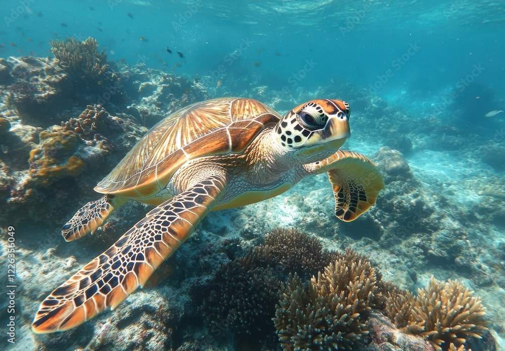 Fototapeta premium Majestic Sea Turtle Gliding Gracefully Through Vibrant Coral Reef Under Crystal Clear Ocean Water