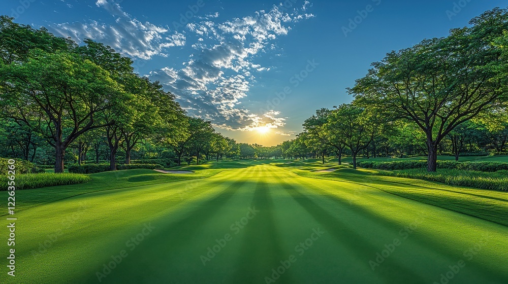 Scenic park landscape with sprawling green grass and mature trees at morning, with sunlight breaking through the foliage and casting gentle shadows. Scenic park landscape with sprawling green grass and mature trees at morning, with sunlight breaking through the foliage and casting gentle shadows.