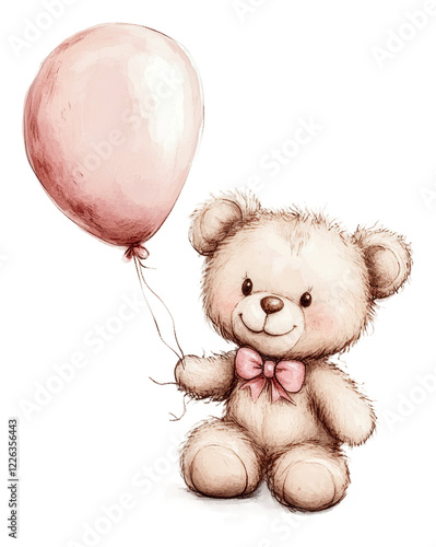Cute teddy bear holding a pink balloon isolated on transparent background