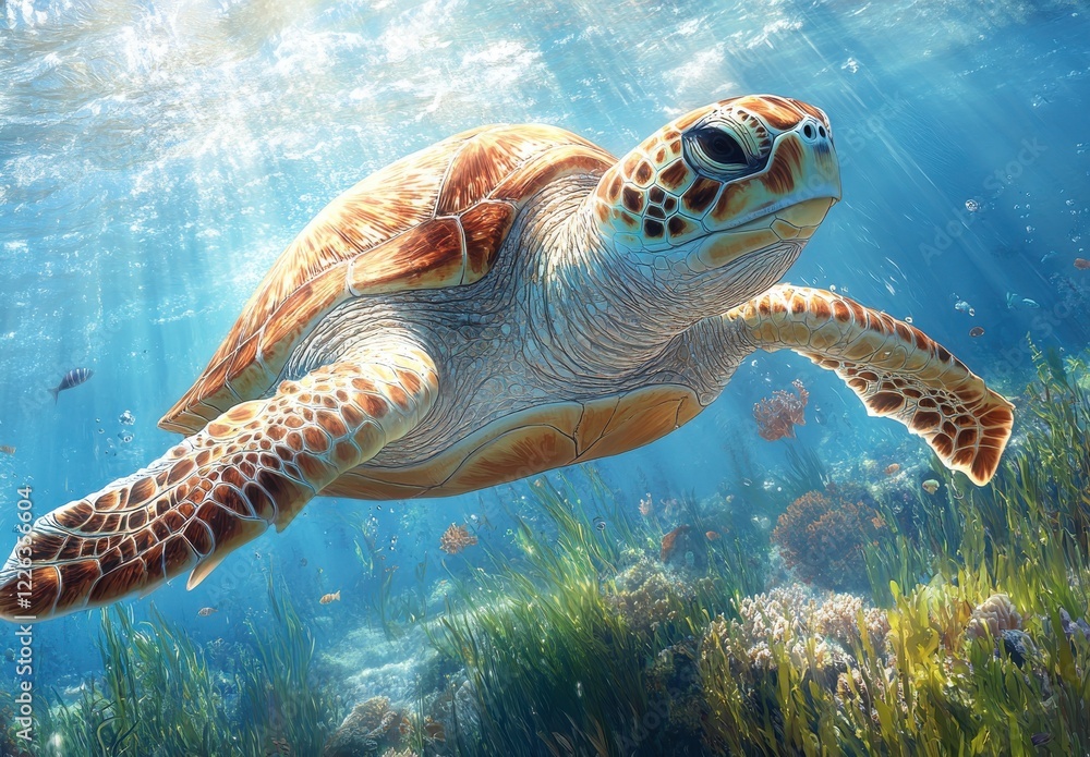 Fototapeta premium Majestic Sea Turtle Gliding Through Clear Ocean Water Surrounded by Colorful Coral Reef and Marine Life in Vibrant Underwater Scene