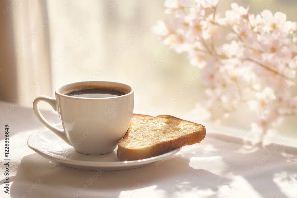 Fresh Coffee and Toast with Cherry Blossoms in Soft Morning Light Fresh Coffee and Toast with Cherry Blossoms in Soft Morning Light