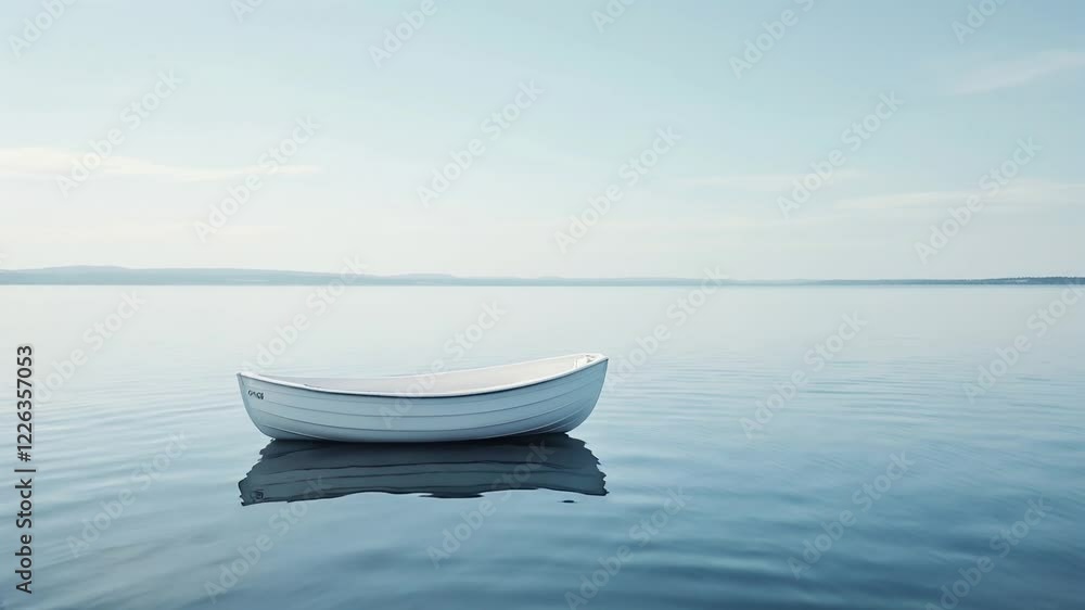 Solitude on Still Waters: A small, white rowboat rests serenely on a calm, reflective lake, under a tranquil, pale sky. The scene evokes peace and contemplation. Solitude on Still Waters: A small, white rowboat rests serenely on a calm, reflective lake, under a tranquil, pale sky. The scene evokes peace and contemplation.