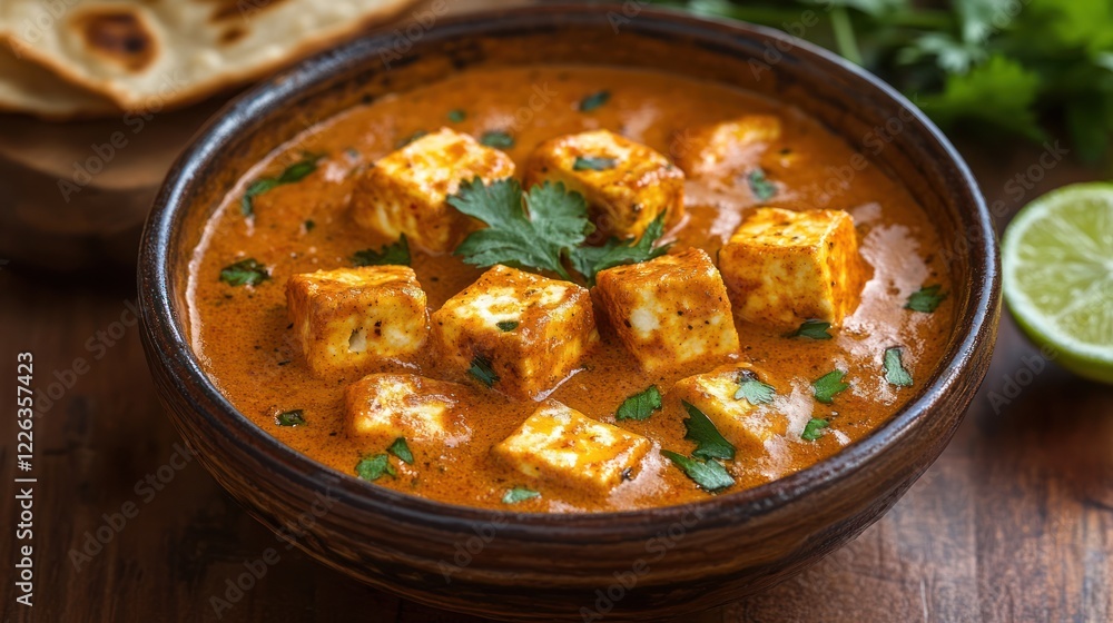 Creamy paneer tikka masala in a bowl with naan bread and lime. Creamy paneer tikka masala in a bowl with naan bread and lime.