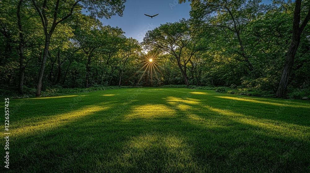 Obraz premium Vibrant park landscape with green grass, tall trees, and the early morning light creating a serene atmosphere perfect for outdoor relaxation.