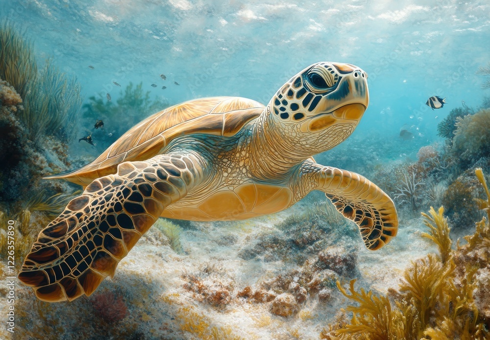 Obraz premium Majestic Sea Turtle Gliding Through Crystal Clear Waters Surrounded by Coral Reef and Vibrant Marine Life in a Lush Underwater Environment