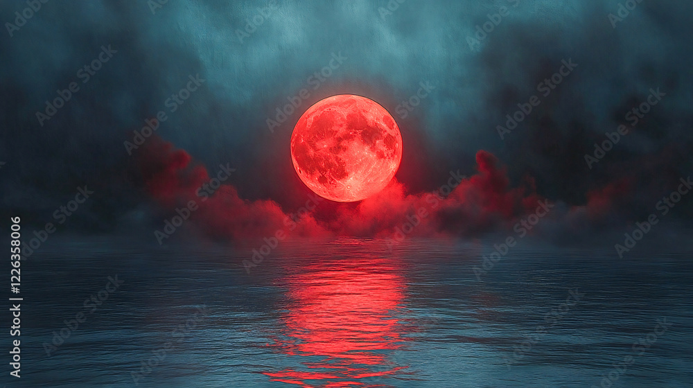 A painting of a red moon rising over a body of water in front of a dark, foggy sky A painting of a red moon rising over a body of water in front of a dark, foggy sky