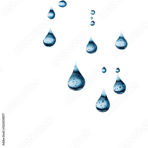 Water Droplets Falling: A captivating image of several water droplets falling against a transparent background, showcasing their glistening surface and individual forms.