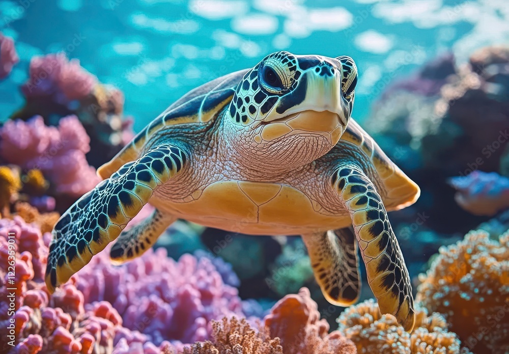 Fototapeta premium Majestic Sea Turtle Gliding Through Vibrant Coral Reef Under Clear Blue Ocean Water, Highlighting Marine Life Beauty and Underwater Ecosystem Diversity