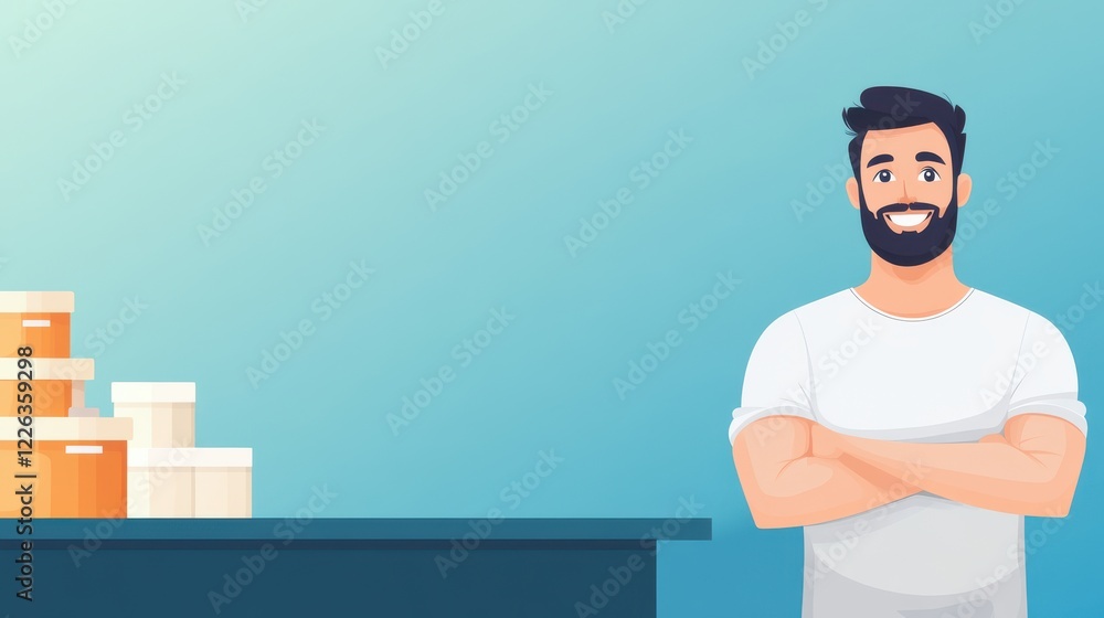 Proud Business Owner Standing Behind His Counter with Glowing Smile and Confidence in a Bright and Welcoming Workspace Proud Business Owner Standing Behind His Counter with Glowing Smile and Confidence in a Bright and Welcoming Workspace