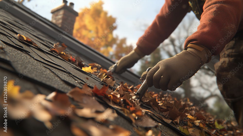 Fall Roof Gutter Cleaning, Hands Removing Colorful Autumn Leaves, Home Maintenance Fall Roof Gutter Cleaning, Hands Removing Colorful Autumn Leaves, Home Maintenance