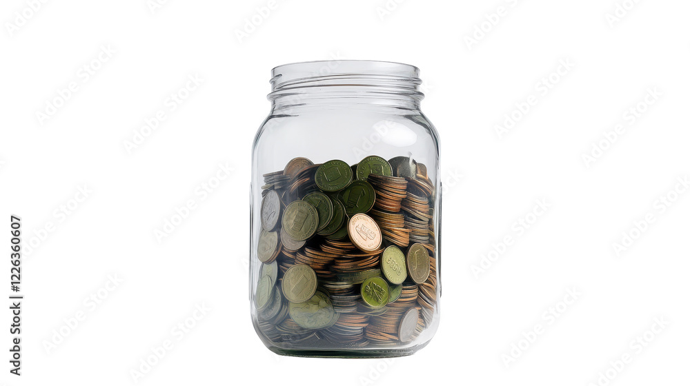 Jar filled with assorted coins and currency. transparent background Jar filled with assorted coins and currency. transparent background