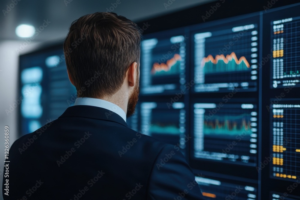 Professional Man in Suit Analyzing Financial Growth Charts in Modern Office Environment with High-Tech Displays and Data Visualizations Professional Man in Suit Analyzing Financial Growth Charts in Modern Office Environment with High-Tech Displays and Data Visualizations