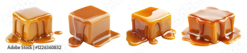 Melting caramel cubes isolated on transparent background