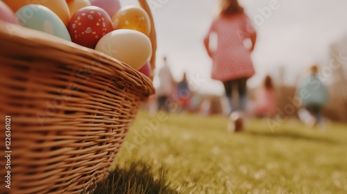 children easter egg hunt with baskets filled with eggs in the park.