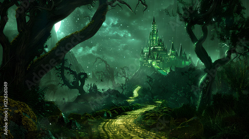 Mysterious Nighttime Journey through Magical Forest towards Emerald City in 'Oz' story