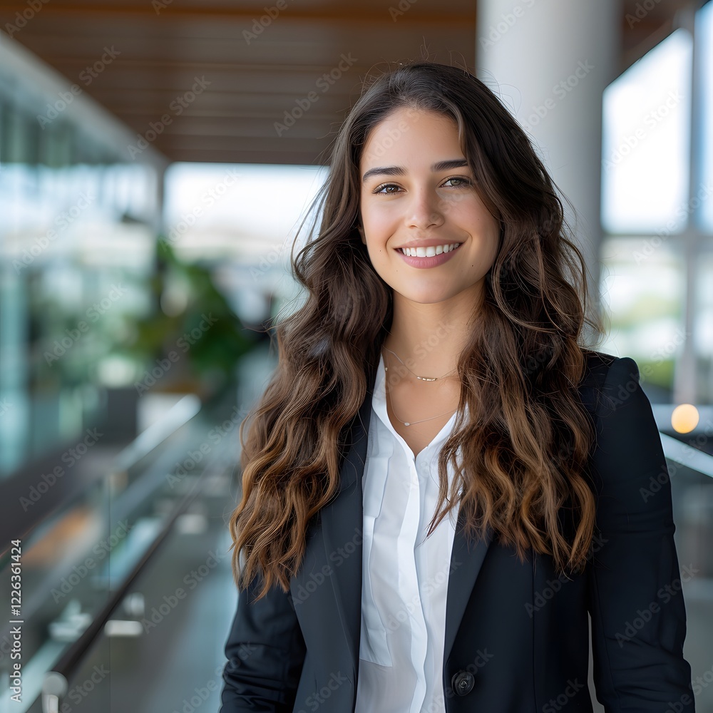 Fototapeta premium Smiling businesswoman portrait, modern office hallway, blurred background, corporate headshot