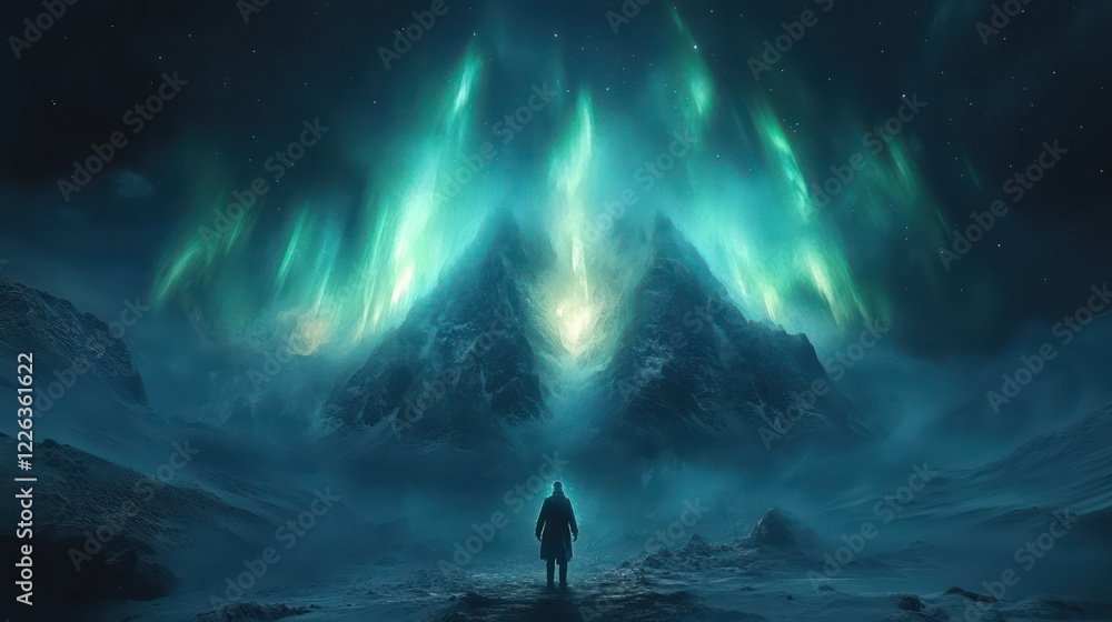 A Solitary Figure Gazing at an Enchanting Aurora Borealis over a Majestic Mountain Peak in a Mystical Winter Landscape