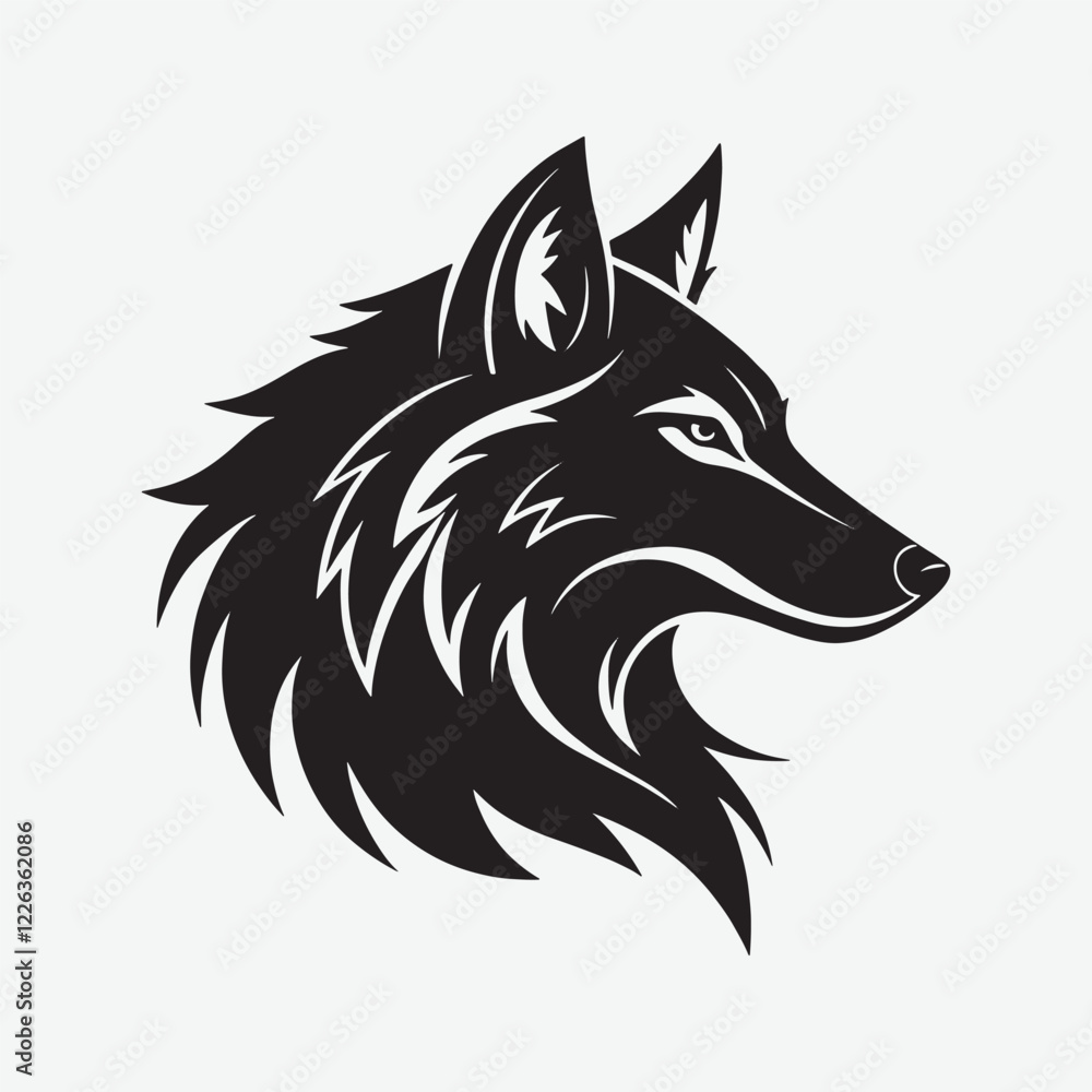 Naklejka premium Download a sleek, high-quality wolf face silhouette vector in solid black with a white background. Perfect for logos, prints, and digital projects. Scalable and detailed design for versatile use.