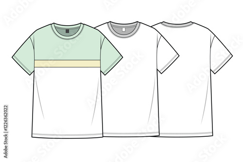 Mens crew neck t shirt front and back view technical flat drawing vector mockup illustration.