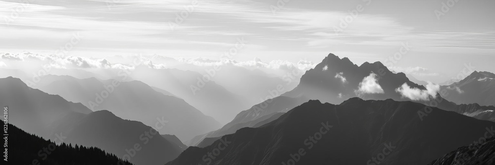 Obraz premium panoramic view of majestic mountains covered in clouds, travel, peaks, breathtaking