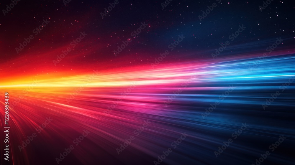 Obraz premium Glowing Horizontal Light Streaks in Red, Orange and Blue on Black Background with Motion Blur Effect
