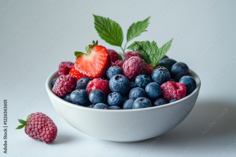 Fresh Assortment of Berries in a White Bowl on a Light Background Fresh Assortment of Berries in a White Bowl on a Light Background