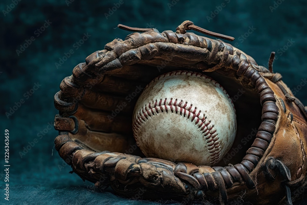 Close Up Baseball Glove Holding Old Baseball in Dark Background for Sport Still Life Photography Close Up Baseball Glove Holding Old Baseball in Dark Background for Sport Still Life Photography