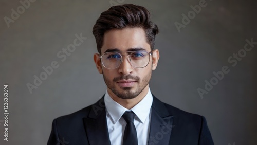 A young man in a suit and glasses looks directly at the camera with a serious expression.  He has styled dark hair and a neatly trimmed beard. photo