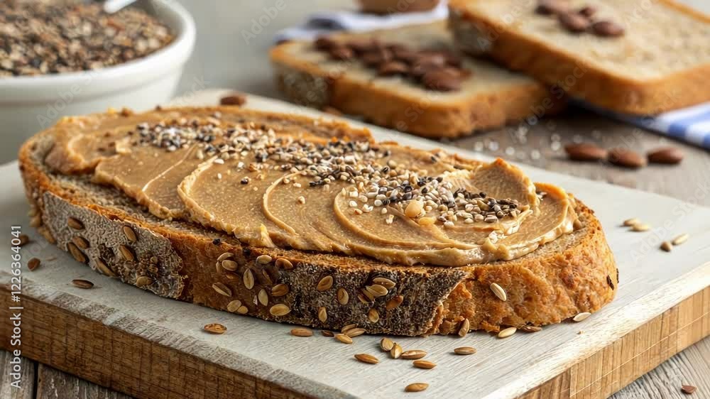 A hearty slice of wholegrain bread spread with almond butter with flaxseeds and chia seeds generously sprinkled over the top. A hearty slice of wholegrain bread spread with almond butter with flaxseeds and chia seeds generously sprinkled over the top.