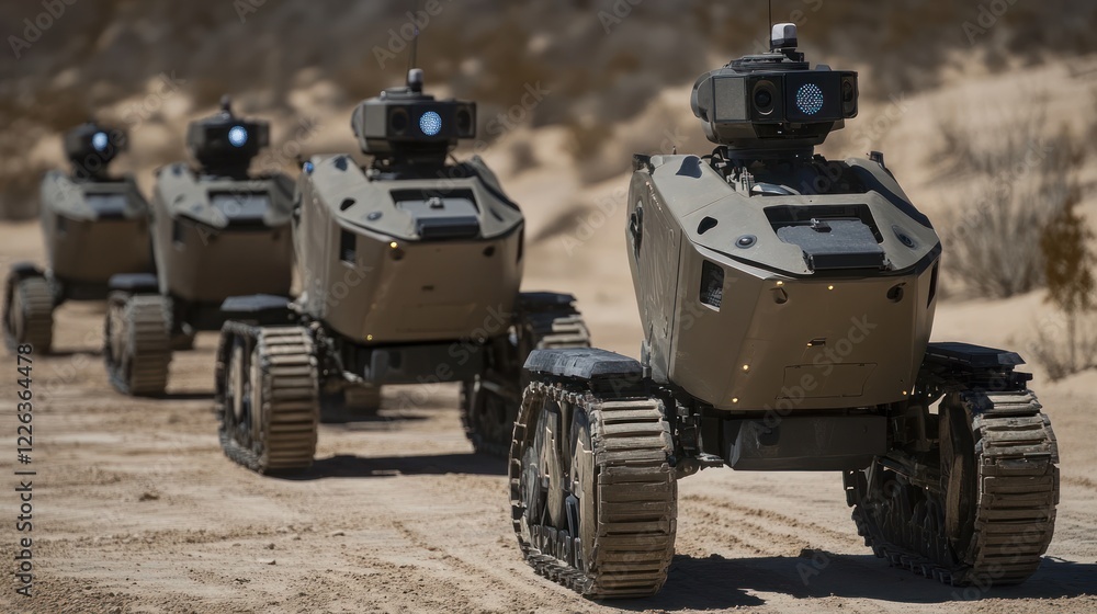 Four tracked robots drive in desert formation. Four tracked robots drive in desert formation.