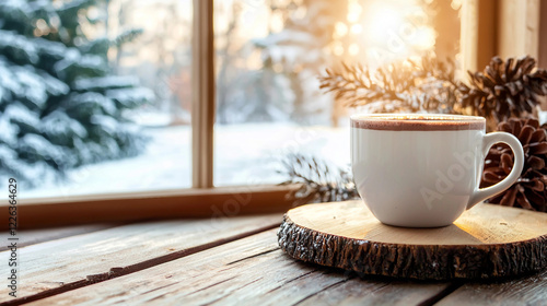 A steaming cup of hot chocolate topped with whipped cream and marshmallows sits on a rustic wooden table, exuding warmth and comfort. The vintage mug and cinnamon stick garnish enhance the cozy.
