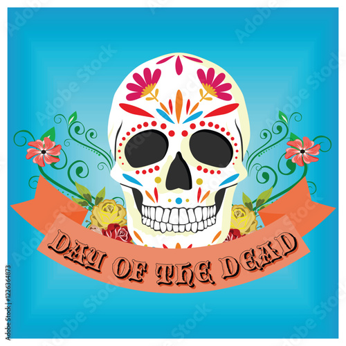 Colorful Day of the Dead Sugar Skull with Floral Decorations.