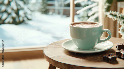 A steaming cup of hot chocolate topped with whipped cream and marshmallows sits on a rustic wooden table, exuding warmth and comfort. The vintage mug and cinnamon stick garnish enhance the cozy.
