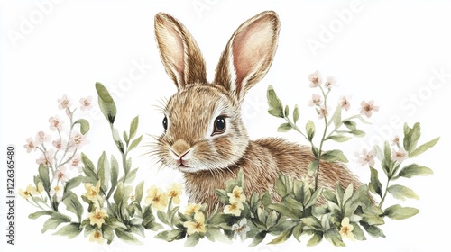 Watercolor illustration of a fluffy brown rabbit surrounded by green foliage and tiny flowers