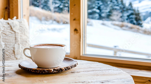 A steaming cup of hot chocolate topped with whipped cream and marshmallows sits on a rustic wooden table, exuding warmth and comfort. The vintage mug and cinnamon stick garnish enhance the cozy.