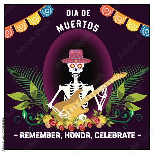 Day of the dead or dia de muertos. Cute skeleton playing guitar at night.