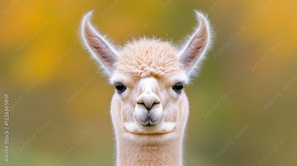 Fototapeta premium Close-up of a white alpaca facing the camera, autumn background. Use Animal portrait for website or print