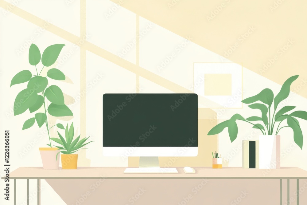 Fototapeta premium Modern Minimalist Home Office with Plants and Computer Setup