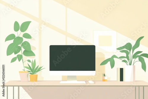 Wallpaper Mural Modern Minimalist Home Office with Plants and Computer Setup Torontodigital.ca