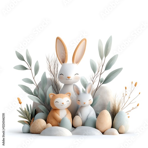 Easter day celebration with watercolor style bunnies and eggs in a serene nature setting photo