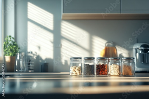 Sunlit Kitchen Counter with Jars of Varied Ingredients and Shadows photo