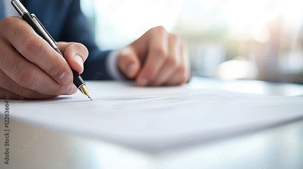 business professional signing important documents concept. A person writing with a pen on a sheet of paper in a professional setting. business professional signing important documents concept. A person writing with a pen on a sheet of paper in a professional setting.