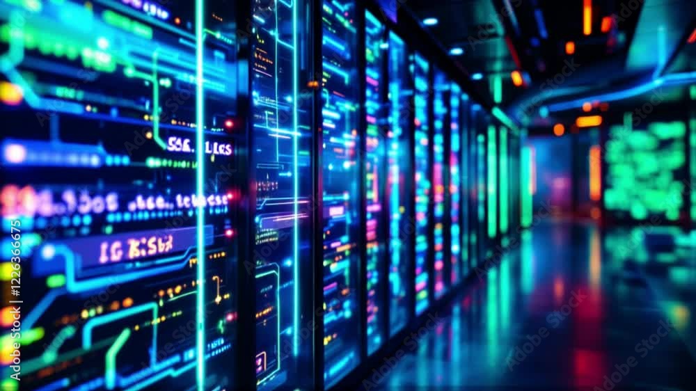 futuristic server room, neon server room, high-tech data center, digital information flow, high-speed data cables, interconnected servers, glowing data center, cyber network, internet backbone futuristic server room, neon server room, high-tech data center, digital information flow, high-speed data cables, interconnected servers, glowing data center, cyber network, internet backbone